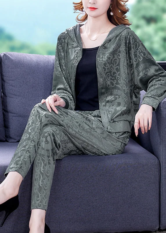 Retro Design Loose Grey Print Silk Velour Coats And Harem Pants Two Pieces Set Fall
