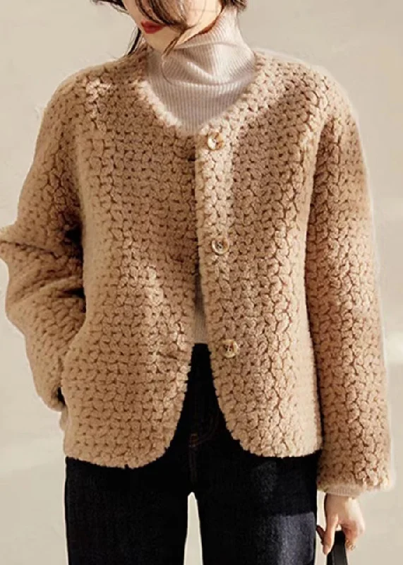 Must-have For Fashion Loose Khaki O Neck Pockets Patchwork Wool Coats Winter