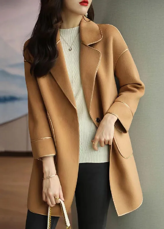 Comfy Chic Wear Loose Khaki Peter Pan Collar Pockets Woolen Trench Coat Fall