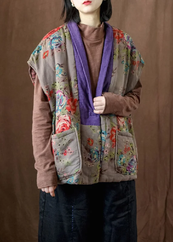 Hooded design Loose Khaki V Neck Print Button Silk Cotton Parka Waistcoat Winter