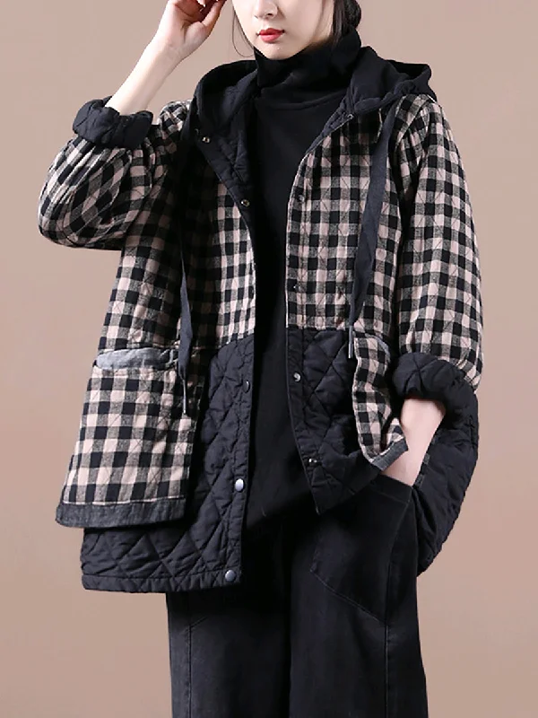 Light Fit Loose Korean Style Plaid Hooded Colorblock Padded Coat