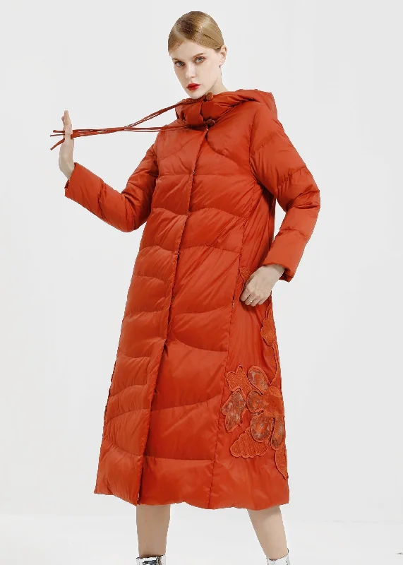 Cozy Sweaters Loose Orange Hooded Button Patchwork Duck Down Down Long Coats Winter