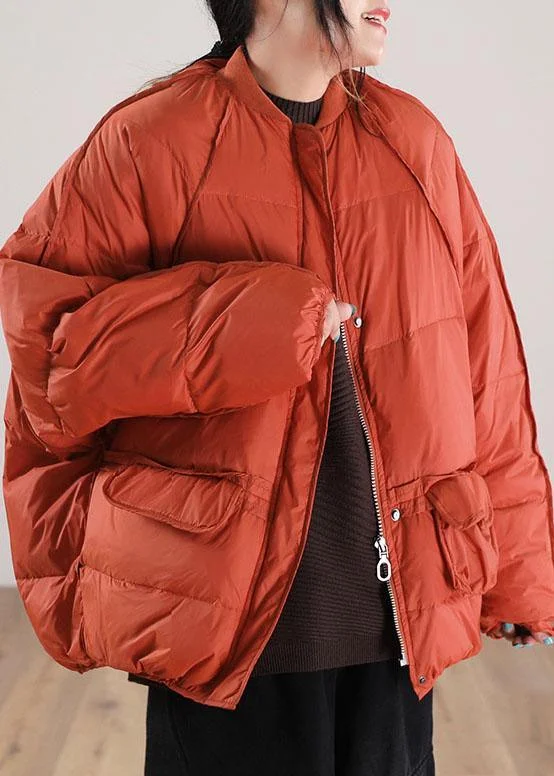 Innovative Design Loose Orange Zip Up Pockets Duck Down Winter Coats Winter