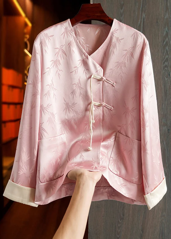 Personalized Design Loose Pink Button Print Pockets Patchwork Silk Coats Fall