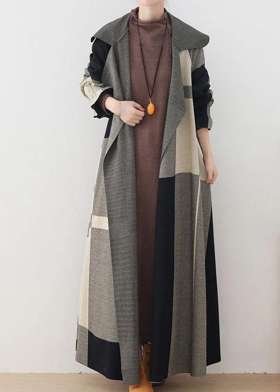 Floral Prints Loose Plaid Peter Pan Collar Pockets Coats Long