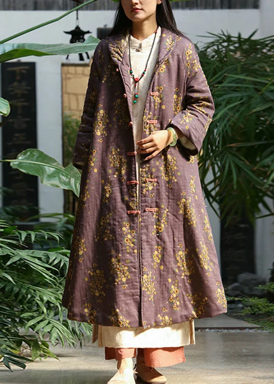 Exquisite Details Loose Purple Print Button Pockets Warm Fleece Long Coat Winter