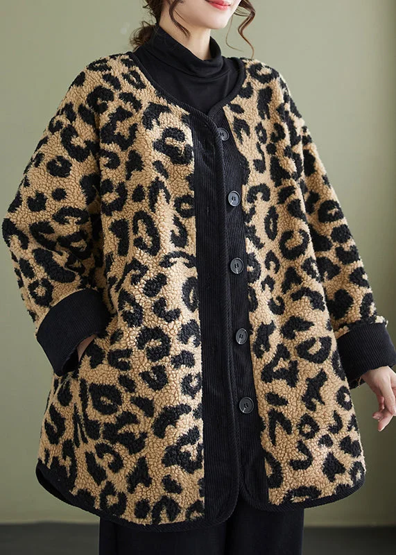 Cozy Look Plus Size Leopard Pockets Fine Cotton Filled Faux Fur Coats Winter