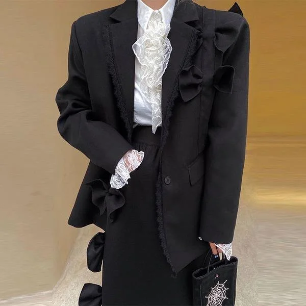 Sporty Elegance Ruffle Blazer Fashion New Women Small Fresh Full Sleeve 2020 Winter Single Breast Loose Bow Black Blazer Coat