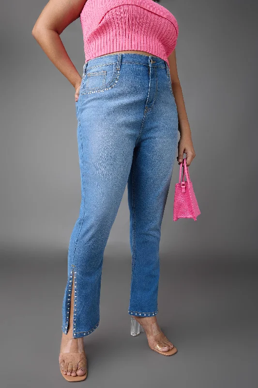 Classic Retro Curve Blue Rhinestone Bootcut Jeans