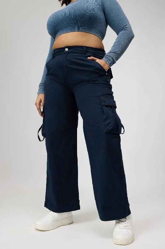 Embroidery Design Curve Deep Blue Cargo Pants