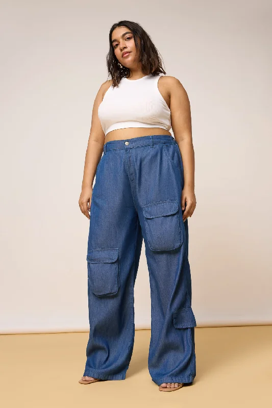 French Style Curve Mid Blue Elastic Waist Cargo Denim Jeans