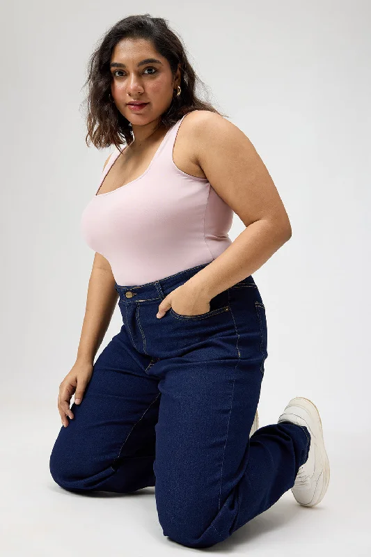 Embroidered Letters Curve Straight Leg Dark Blue Denim Jeans