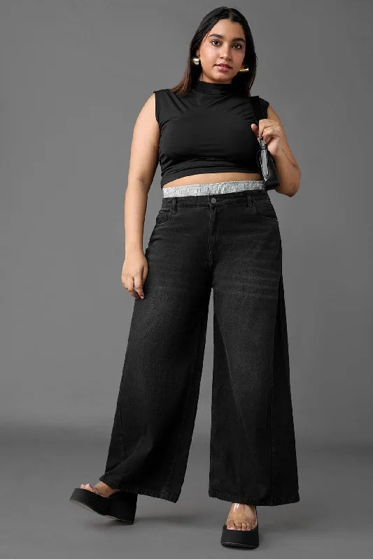 Casual Chic Curve Wide Leg Black Boxer Jeans