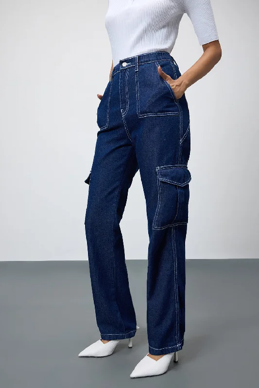 Romantic Temperament Deep Blue Utility Pocket Cargo Jeans