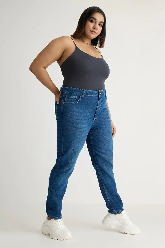 Cute Design Deep Indigo Curve Hugging Jeans