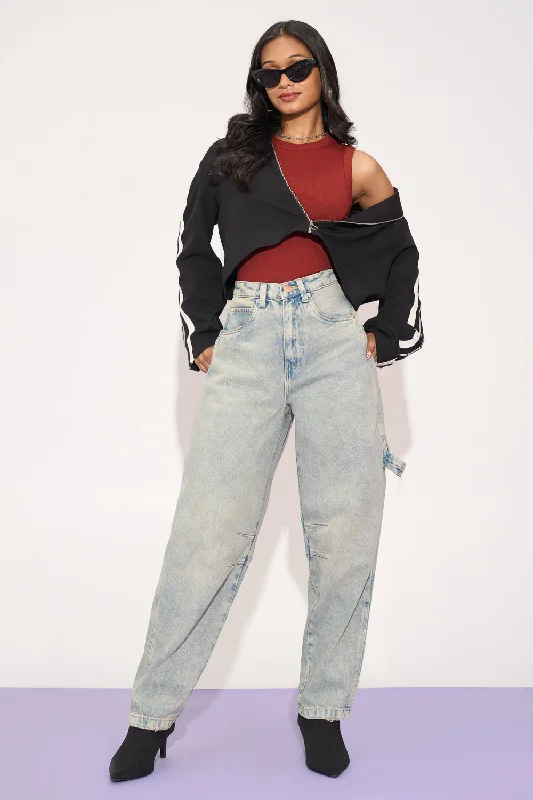 Comfortable Looks Dewy Blue Twisted Barrel Leg Jeans