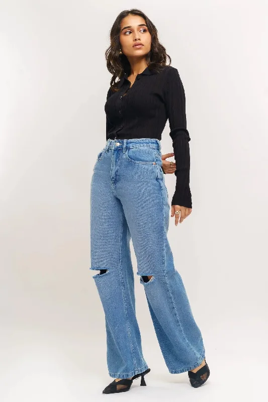 Integrated Design Blue Faded Distressed Wide Jeans