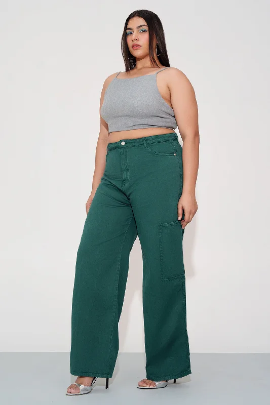 French Retro Green Blaze Trail Curve Straight Jeans