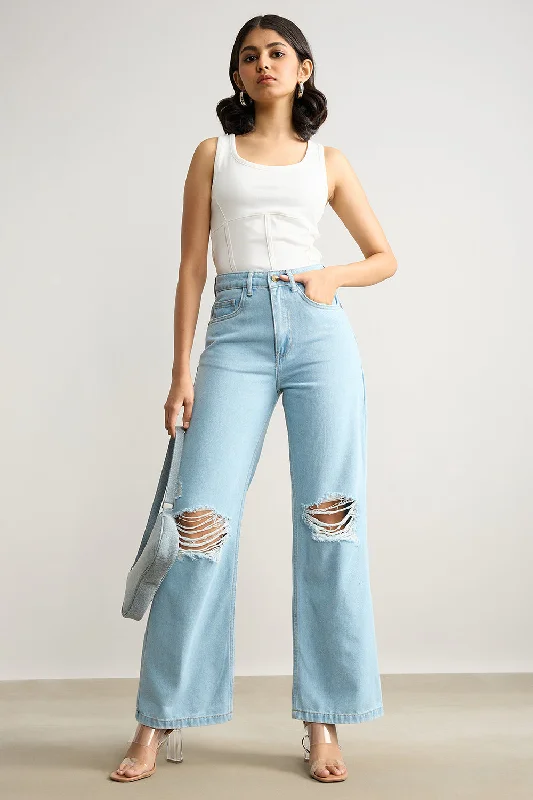 Sports Design High Waisted Distressed Light Blue Jeans
