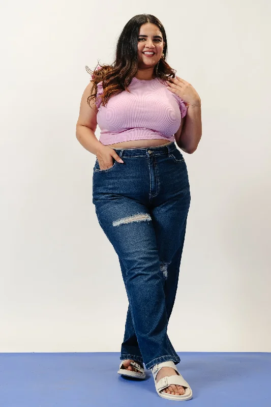 Body Design Indigo Distress Curve Straight Jeans
