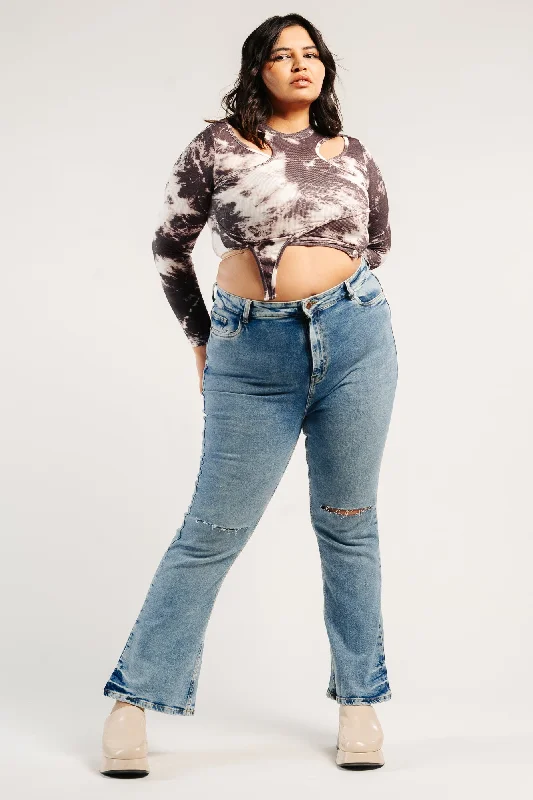 Minimal Style Knee Slit Indie Bootcut Jeans