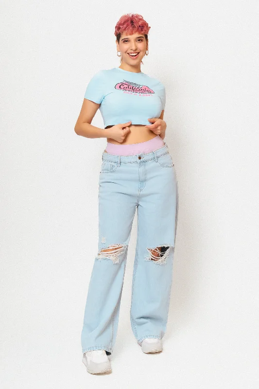 High Street Design Blue Light Distressed Wide Jeans