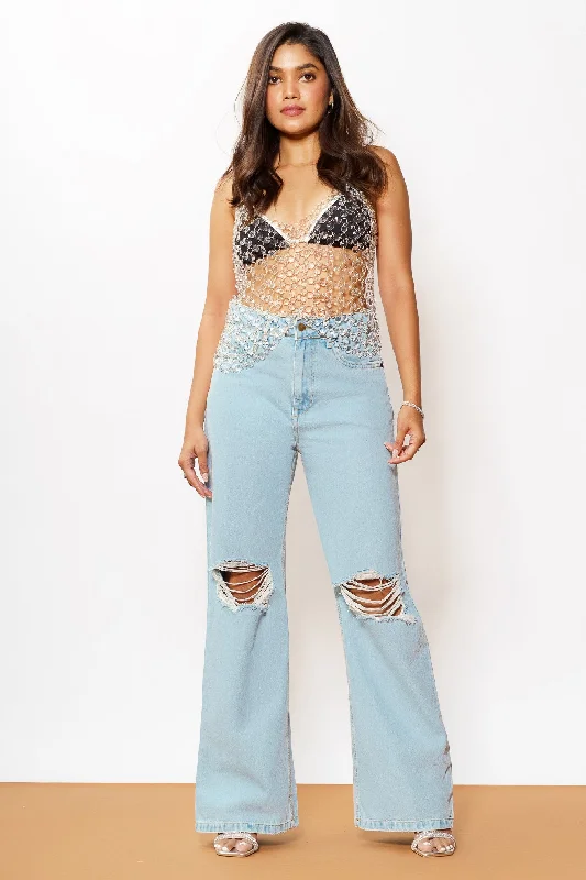 British Fashion Blue Light Distressed Wide Jeans