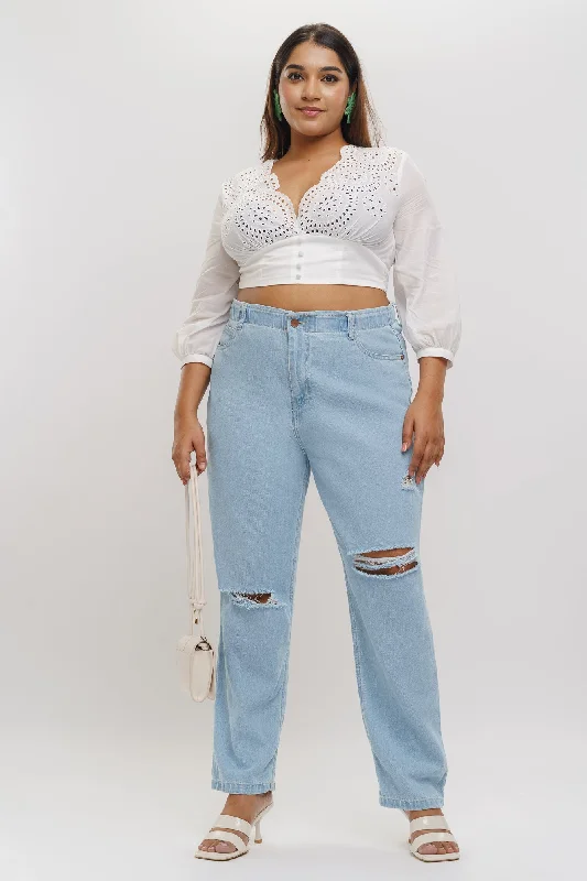 Cozy Outfit Light Elasticated Distress Mom Jeans