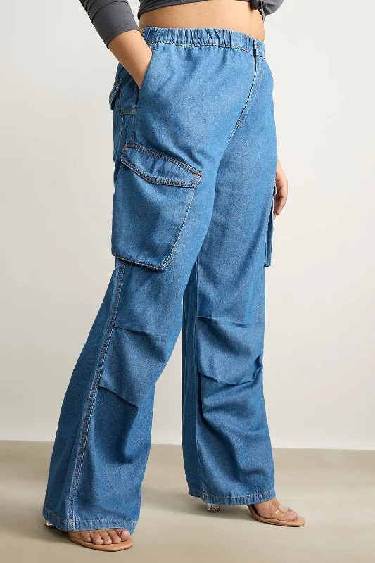 Unique Design Denim Breezy Cargo Pleat Pants