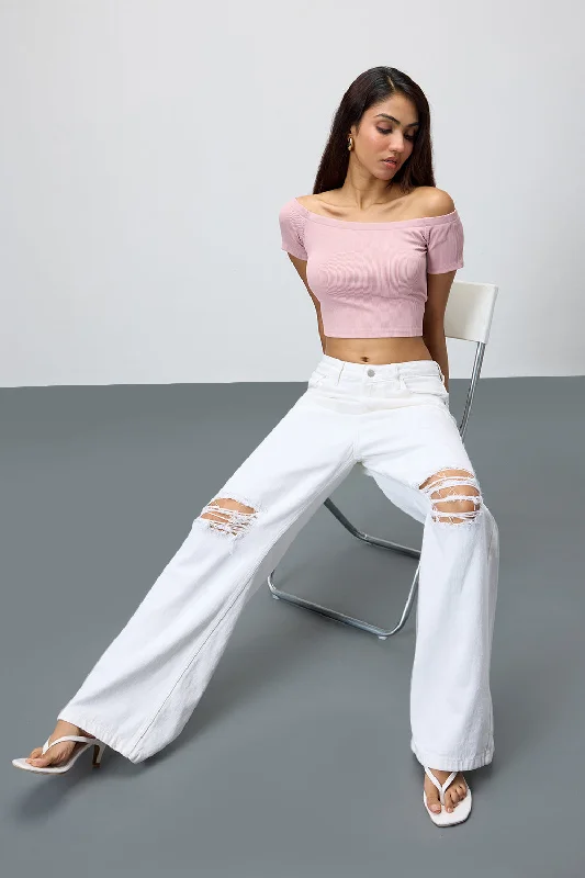 Relaxed Jackets Pearl White Ripped Wide Leg Jeans