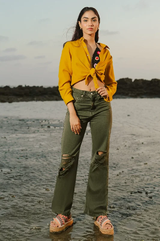 Exquisite Details Olive Distressed Wide Jeans