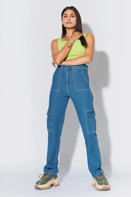 Designer Style Mid Blue Cargo Utility Jeans
