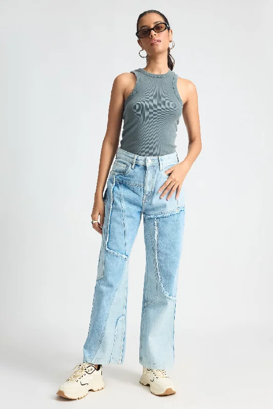 Cozy Fitting Light Blue Patchwork Straight Jeans