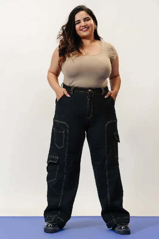 Soft Wearables Curve Seam Detailed Black Stretch Cargo