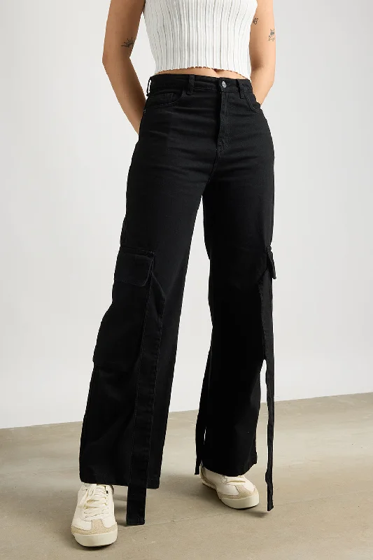 Feminine Charm Smoky Black Cargo Jeans