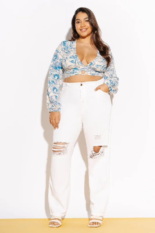 Weekend Comfort White Elasticated Distress Mom Jeans