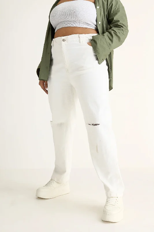 High Street Fashion Pearl White Torn Knee Mom Jeans