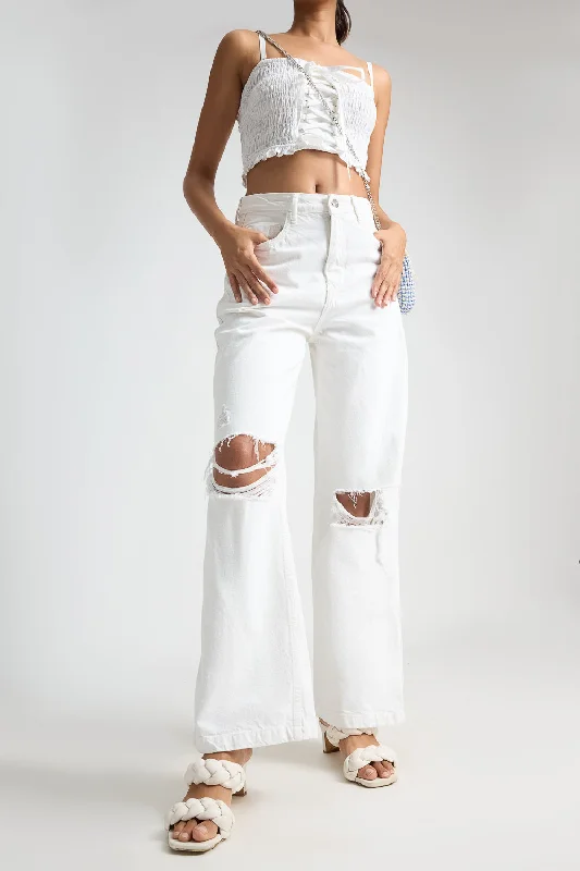 Relaxed Looks Distressed Knee Wide Leg White Jeans