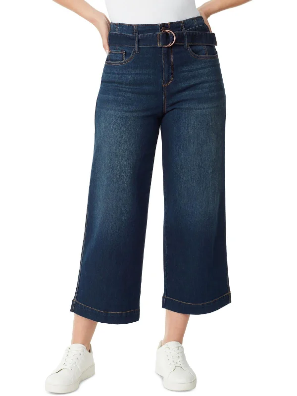 Sweet Style Womens Belted Wide Leg Cropped Jeans