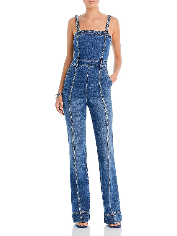 Short Design Womens Denim Smocked Overall Jeans