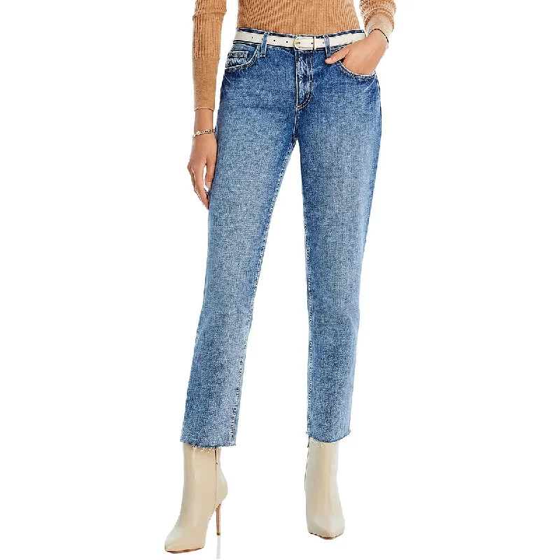 Sports Fashion Womens High Rise Raw Hem Straight Leg Jeans