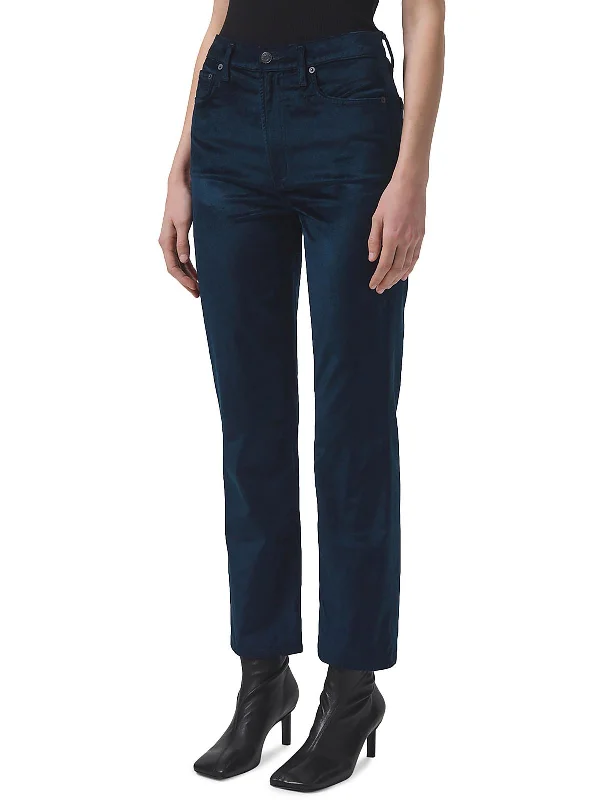 Retro Design Womens Velvet High Rise Straight Leg Jeans