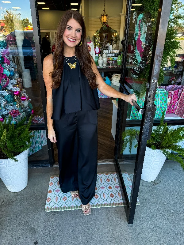 Classic Choice Black Satin Round Neck Jumpsuit