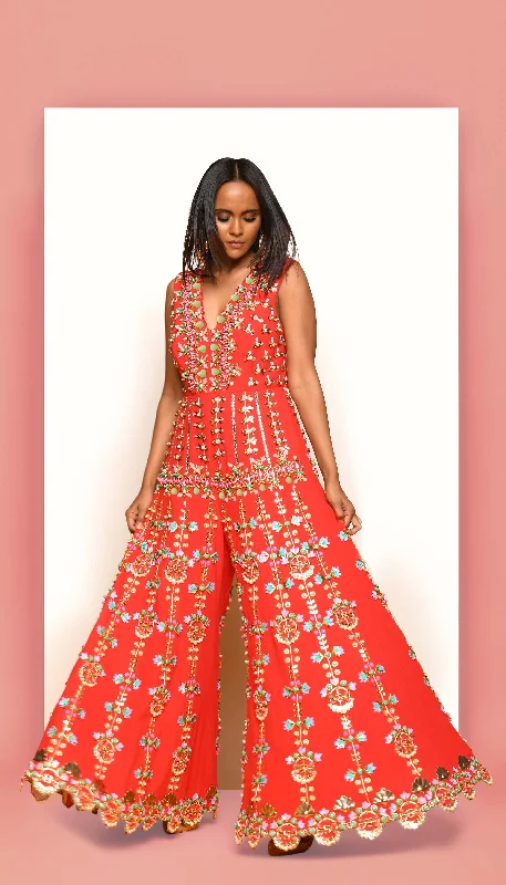 Easy Chic Wear Fiercely Frenzy : Red Embellished Jumpsuit