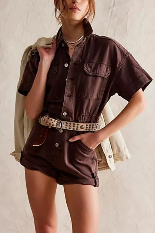 Embroidered Letters Free People: Merci Cuffed Shortall in Mocha