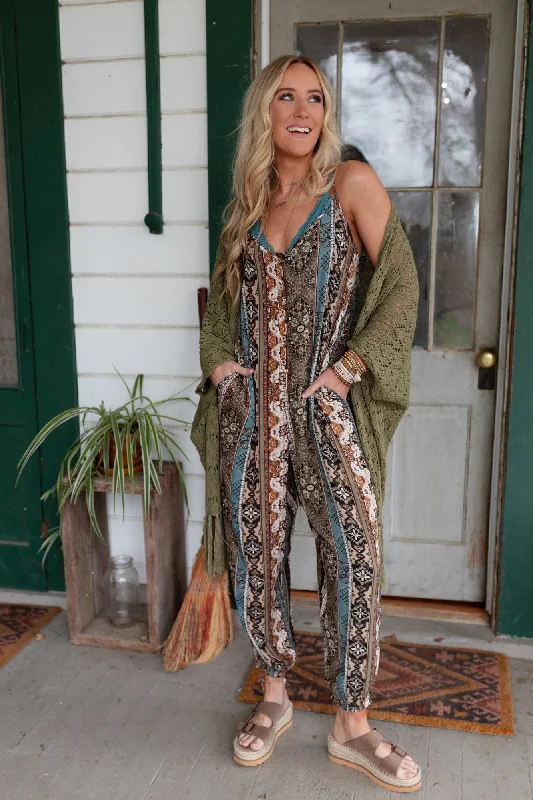 Ethnic Style The Nest Hanging Gardens Button Up Jumpsuit - Olive Teal