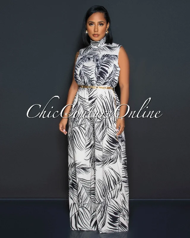 Romantic And Fresh Jeriel Cream Black Palm Print Pleated Gold Link Belt Jumpsuit