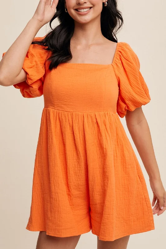 Sweet Girl Square Neck Puff Sleeve Babydoll Romper Game Day Orange