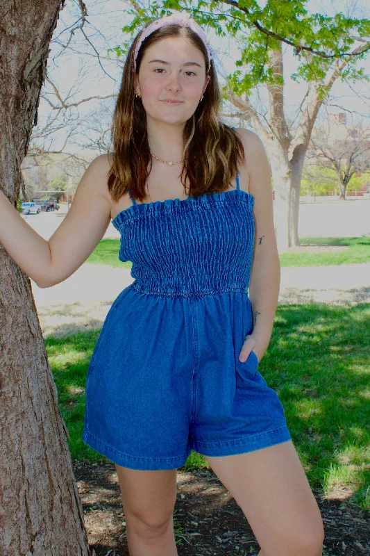 Exquisite Craftsmanship Smocked Denim Romper