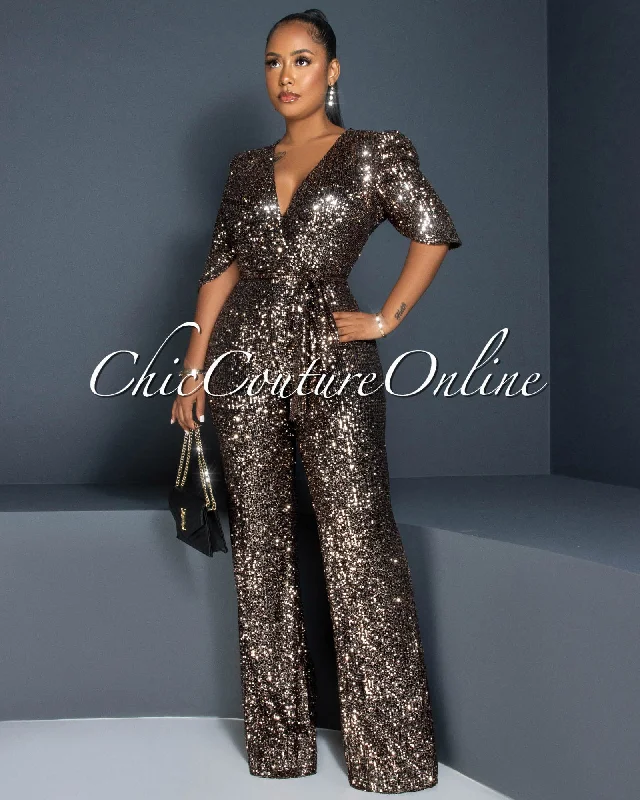 Classic Series Mellie Gold Black Sequins Bubble Sleeves Jumpsuit